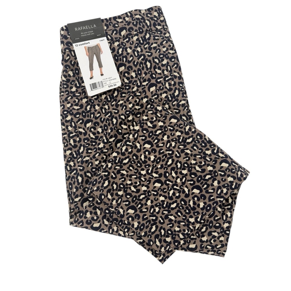 Rafaella Leopard Print Capri Pants Women 12 Comfort Stretch Pull On Lace Up Fron
